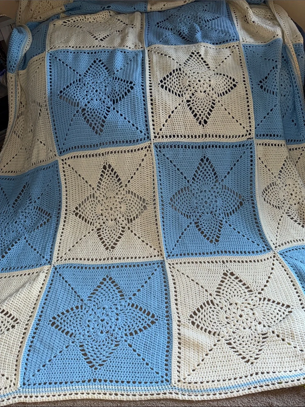 Hand Crafted Blue and Cream Crochet Star Patchwork Throw Blanket
